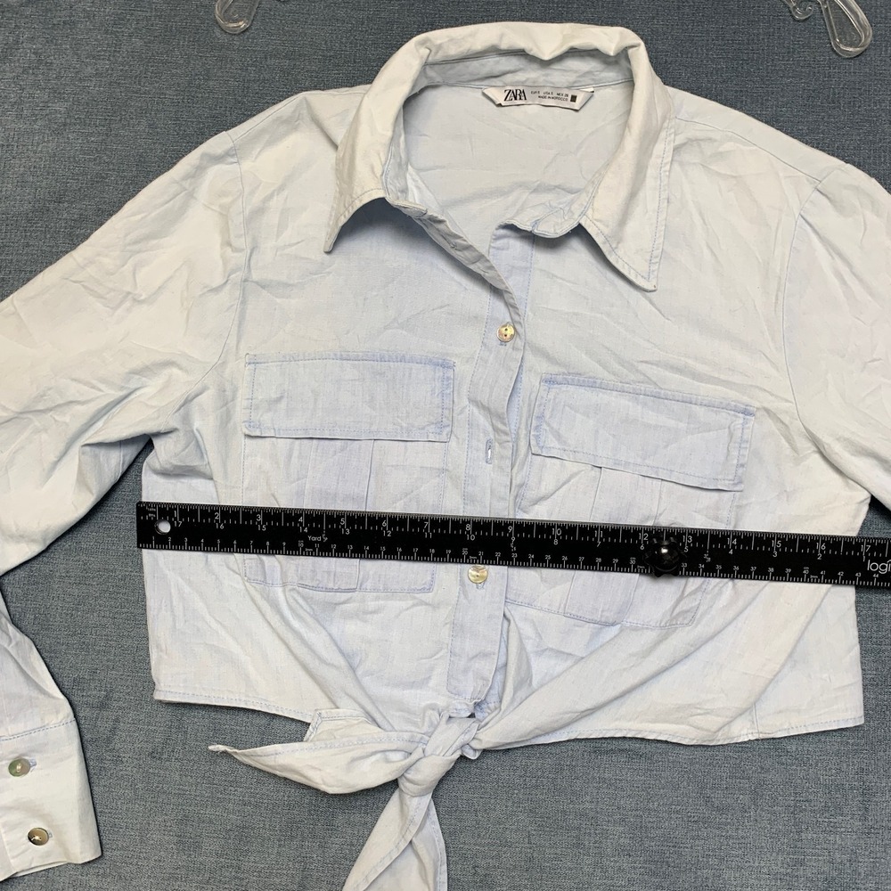 Zara Cropped Shirt Womens Small Light Blue Tie Front Utility Pockets Minimalist - Picture 10 of 16